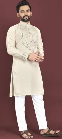 Beige and Brown color Kurta Pyjamas in Art Silk fabric with Embroidered, Mirror, Resham, Thread work