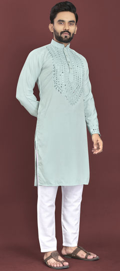 Blue color Kurta Pyjamas in Art Silk fabric with Embroidered, Mirror, Resham, Thread work