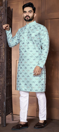 Blue color Kurta Pyjamas in Art Silk fabric with Resham, Thread work