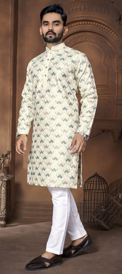 Beige and Brown color Kurta Pyjamas in Art Silk fabric with Resham, Thread work