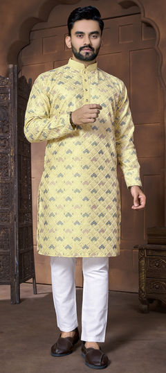 Yellow color Kurta Pyjamas in Art Silk fabric with Resham, Thread work