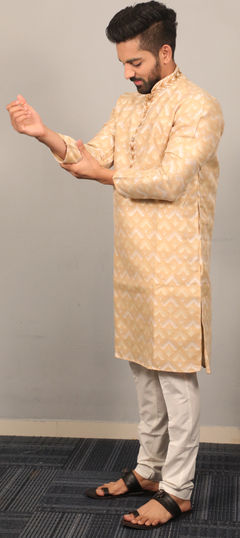 Beige and Brown color Kurta Pyjamas in Jacquard fabric with Weaving work