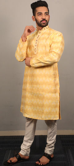 Yellow color Kurta Pyjamas in Jacquard fabric with Weaving work