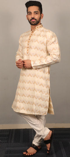 Beige and Brown color Kurta Pyjamas in Jacquard fabric with Weaving work