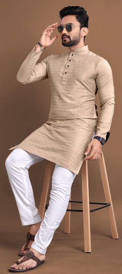 Beige and Brown color Kurta Pyjamas in Jacquard fabric with Weaving work