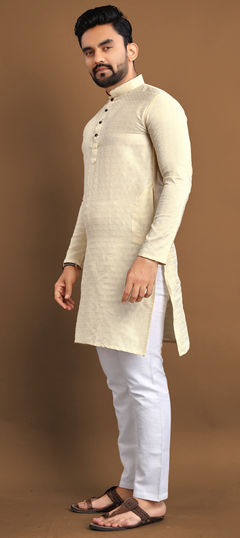 Beige and Brown color Kurta Pyjamas in Jacquard fabric with Weaving work