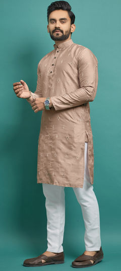 Beige and Brown color Kurta Pyjamas in Art Silk fabric with Embroidered, Resham, Thread work