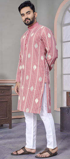 Pink and Majenta color Kurta Pyjamas in Linen fabric with Embroidered, Resham, Thread work