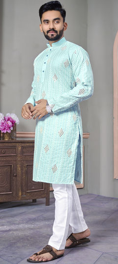 Blue color Kurta Pyjamas in Linen fabric with Embroidered, Resham, Thread work