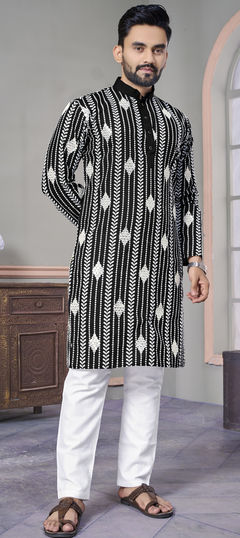 Black and Grey color Kurta Pyjamas in Linen fabric with Embroidered, Resham, Thread work