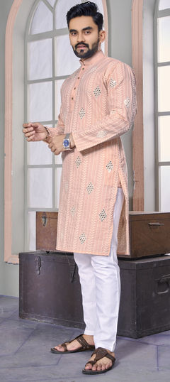 Pink and Majenta color Kurta Pyjamas in Linen fabric with Embroidered, Resham, Thread work