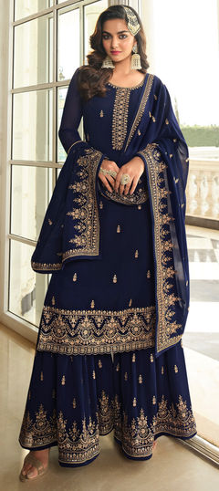 Engagement, Reception, Wedding Blue color Salwar Kameez in Georgette fabric with Palazzo, Straight Embroidered work : 1955724