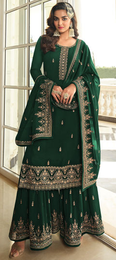 Engagement, Reception, Wedding Green color Salwar Kameez in Georgette fabric with Palazzo, Straight Embroidered work : 1955725