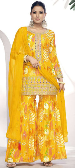 Engagement, Reception, Wedding Yellow color Salwar Kameez in Silk fabric with Sharara, Straight Digital Print, Embroidered, Mirror work : 1955726