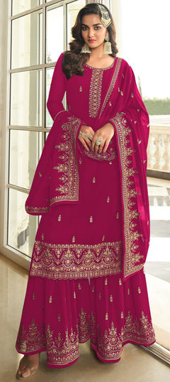 Pink and Majenta color Salwar Kameez in Georgette fabric with Embroidered work