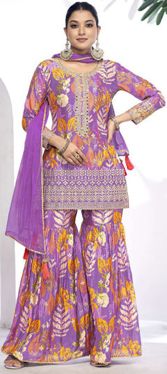 Engagement, Reception, Wedding Purple and Violet color Salwar Kameez in Silk fabric with Sharara, Straight Digital Print, Embroidered, Mirror work : 1955728