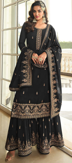 Engagement, Reception, Wedding Black and Grey color Salwar Kameez in Georgette fabric with Palazzo, Straight Embroidered work : 1955729