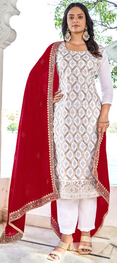 White and Off White color Salwar Kameez in Art Silk fabric with Embroidered, Stone, Swarovski work