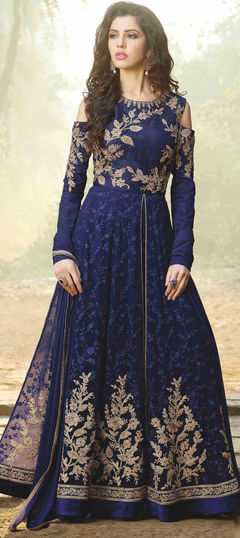 Bollywood Blue color Salwar Kameez in Georgette fabric with Anarkali, Slits Embroidered, Stone, Zari work : 1955733