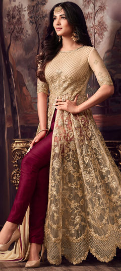 Bollywood Beige and Brown color Salwar Kameez in Net fabric with Anarkali, Slits Embroidered, Stone, Zari work : 1955734