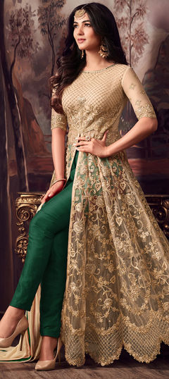 Bollywood Beige and Brown color Salwar Kameez in Net fabric with Anarkali, Slits Embroidered, Stone, Zari work : 1955735