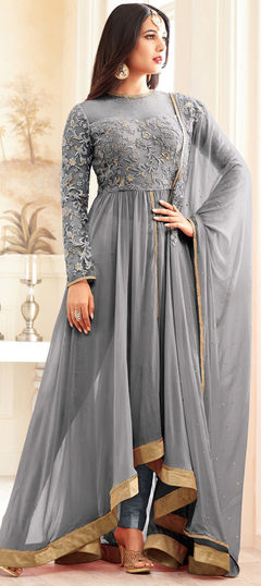 Bollywood Black and Grey color Salwar Kameez in Georgette fabric with Asymmetrical Embroidered, Stone, Zari work : 1955740