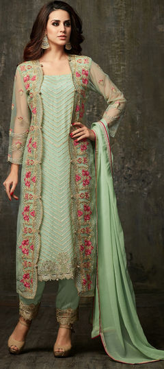 Bollywood Green color Salwar Kameez in Georgette, Net fabric with Straight Embroidered, Stone, Zari work : 1955741