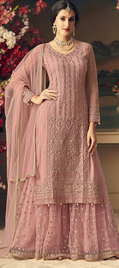 Pink and Majenta color Salwar Kameez in Net fabric with Embroidered, Stone, Zari work