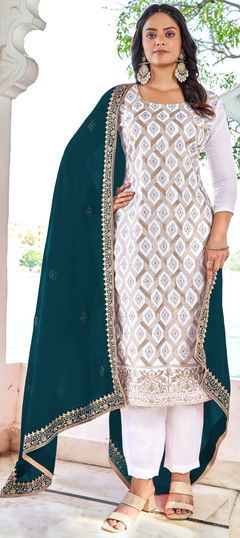 White and Off White color Salwar Kameez in Art Silk fabric with Embroidered, Stone, Swarovski work