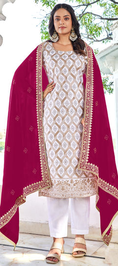 White and Off White color Salwar Kameez in Art Silk fabric with Embroidered, Stone, Swarovski work