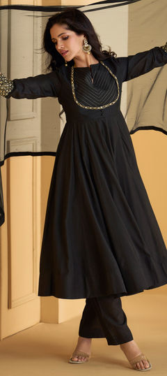 Festive, Reception Black and Grey color Salwar Kameez in Cotton fabric with Anarkali Embroidered, Sequence work : 1955750