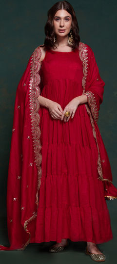 Festive, Party Wear, Reception Red and Maroon color Gown in Georgette fabric with Thread work : 1955752