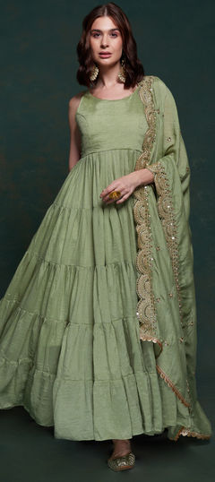 Festive, Party Wear, Reception Green color Gown in Georgette fabric with Thread work : 1955753