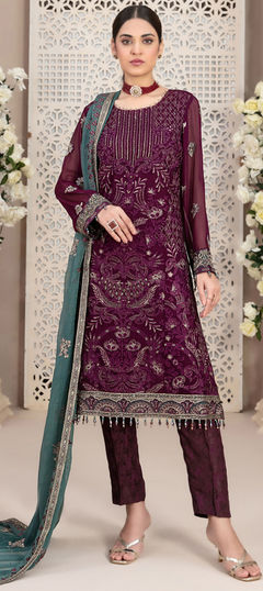 Pink and Majenta color Salwar Kameez in Faux Georgette fabric with Embroidered work