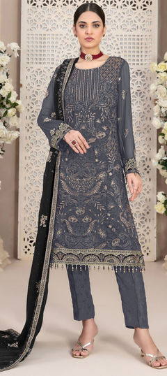 Black and Grey color Salwar Kameez in Faux Georgette fabric with Embroidered work