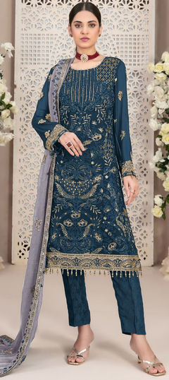 Blue color Salwar Kameez in Faux Georgette fabric with Embroidered work
