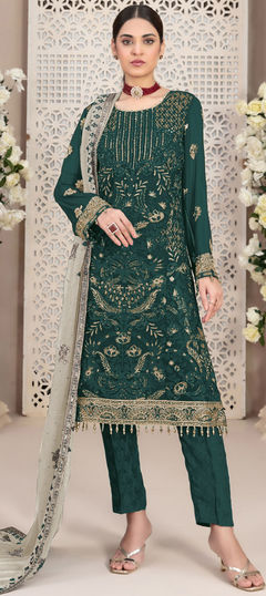 Green color Salwar Kameez in Faux Georgette fabric with Embroidered work