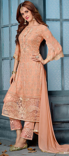 Bollywood Orange color Salwar Kameez in Georgette fabric with Straight Embroidered, Stone, Zari work : 1955766