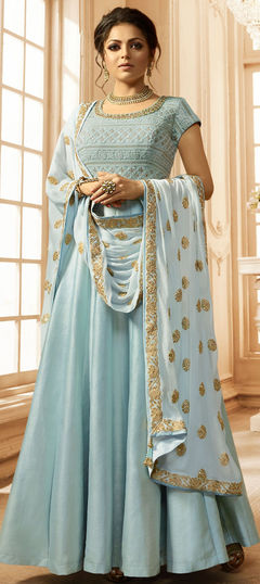 Bollywood Blue color Salwar Kameez in Linen fabric with Anarkali, Churidar Embroidered, Stone, Zari work : 1955769