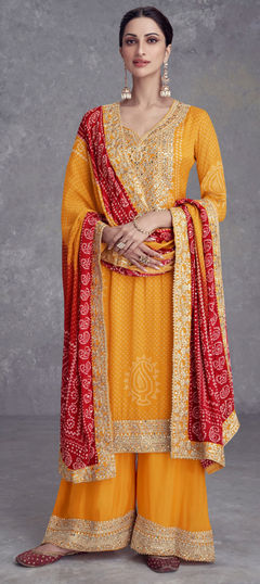 Festive, Reception Yellow color Salwar Kameez in Silk fabric with Palazzo, Straight Bandhej, Digital Print, Embroidered, Mirror work : 1955770