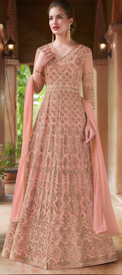 Bollywood Pink and Majenta color Salwar Kameez in Georgette fabric with Anarkali, Churidar Embroidered, Stone, Zari work : 1955771