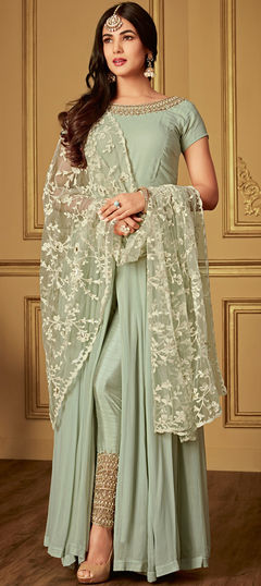 Bollywood Green color Salwar Kameez in Georgette fabric with Anarkali, Churidar Embroidered, Stone, Zari work : 1955773