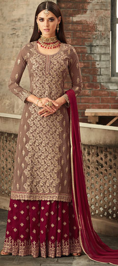 Beige and Brown color Salwar Kameez in Georgette fabric with Embroidered, Stone, Zari work