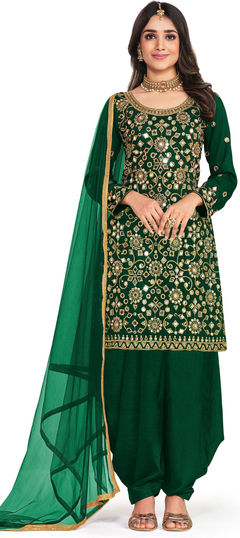 Mehendi Sangeet, Party Wear, Reception Green color Salwar Kameez in Art Silk fabric with Patiala, Straight Embroidered, Mirror work : 1955779