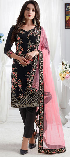 Mehendi Sangeet, Party Wear, Reception Black and Grey color Salwar Kameez in Velvet fabric with Straight Embroidered, Stone, Zari work : 1955780