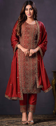 Mehendi Sangeet, Party Wear, Reception Red and Maroon color Salwar Kameez in Georgette fabric with Straight Embroidered, Sequence work : 1955782