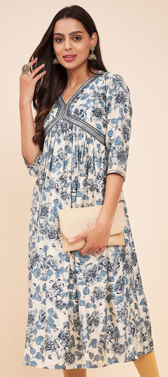 Casual Blue color Kurti in Blended fabric with Anarkali, Long Sleeve Floral, Printed work : 1955804