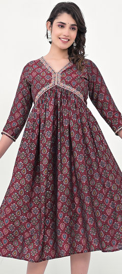 Red and Maroon color Kurti in Blended fabric with Printed work