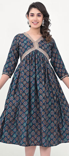 Blue color Kurti in Blended fabric with Printed work
