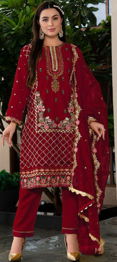 Red and Maroon color Salwar Kameez in Georgette fabric with Embroidered, Sequence, Zircon work